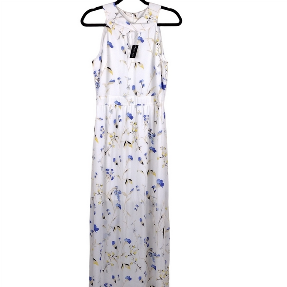 White House Black Market Dresses & Skirts - White House Black Market White Periwinkle Floral Keyhole Front Halter Maxi Dress
